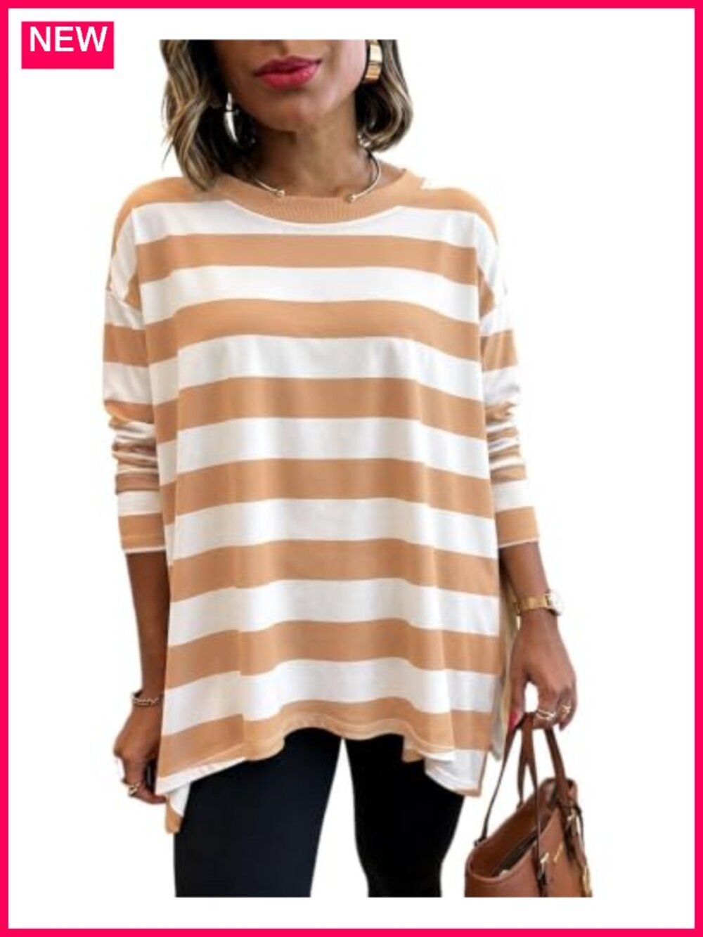 Women's Long Sleeve Striped Drop Shoulder Crewneck Tee Soft Modal Blend Casual
